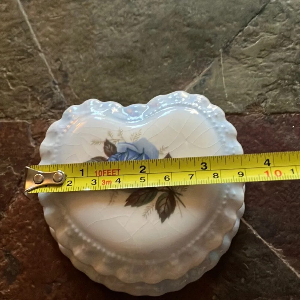 Heart-Shaped Porcelain Trinket Box with Blue Rose and Ruffle Accents -‎ Vintage